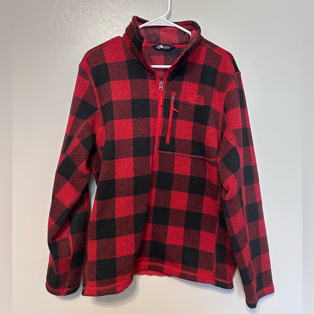 North Face- Men’s Red and Black Checkered Pullover - Large
